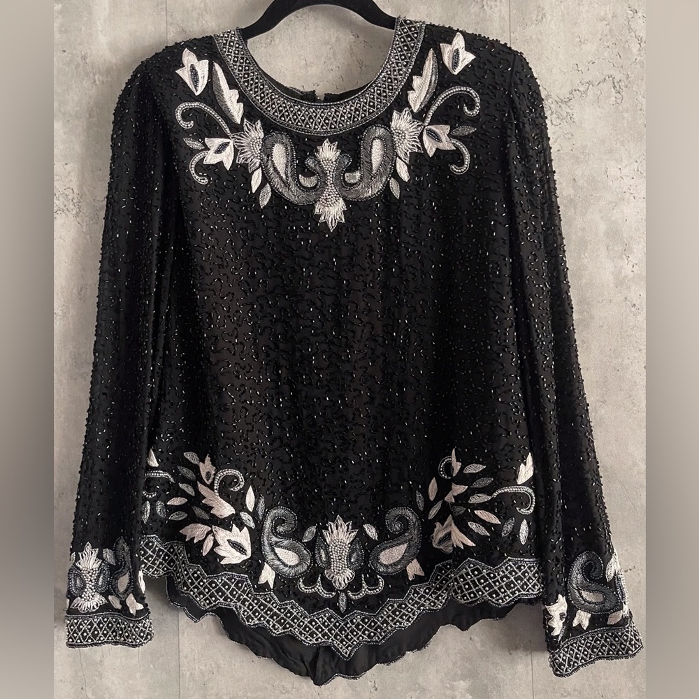 Drapers & Damons VTG Black/Wht Beaded Embellished/Embroidered Evening Blouse SzM
